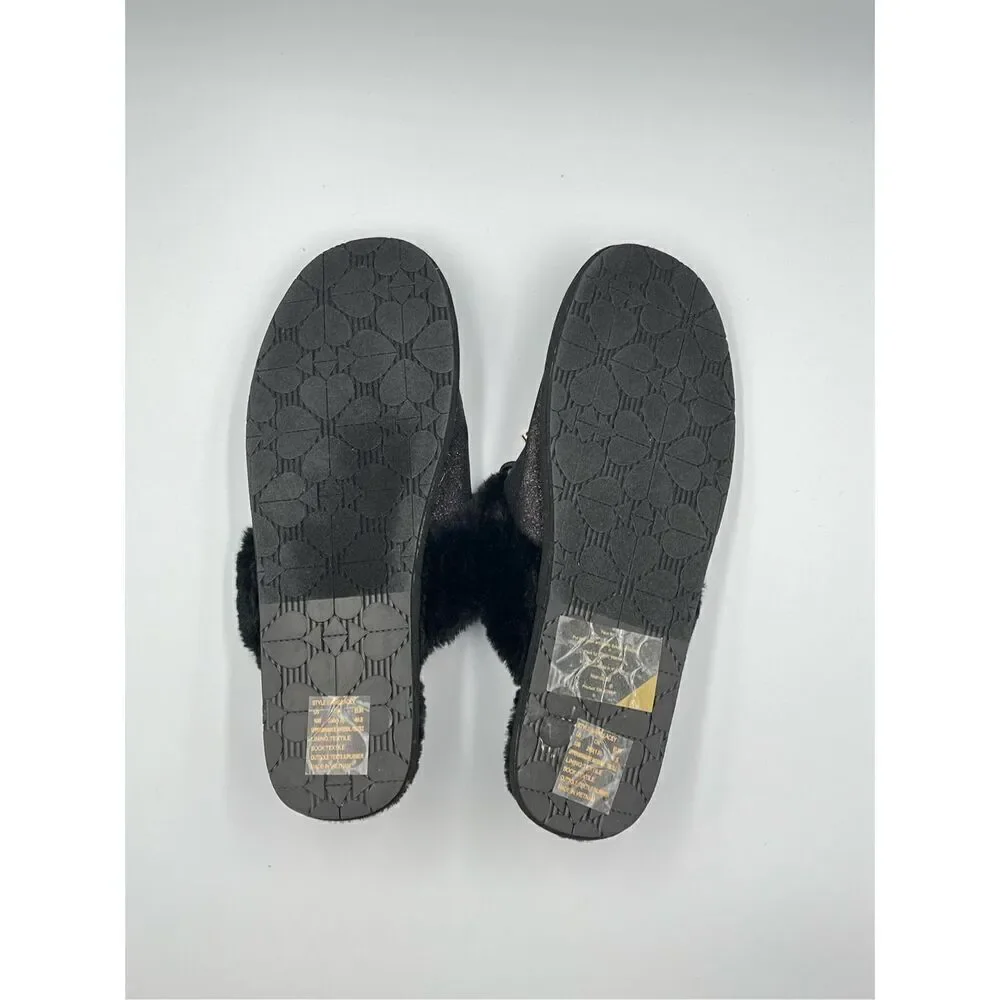 NWOB Kate Spade Lacy Slippers Mule Size 10B Black Glitter Faux Fire Gold Charm